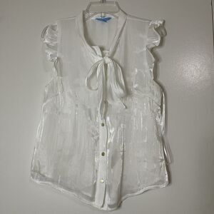 Draper James shiny white pearl button down tie collar blouse top Small